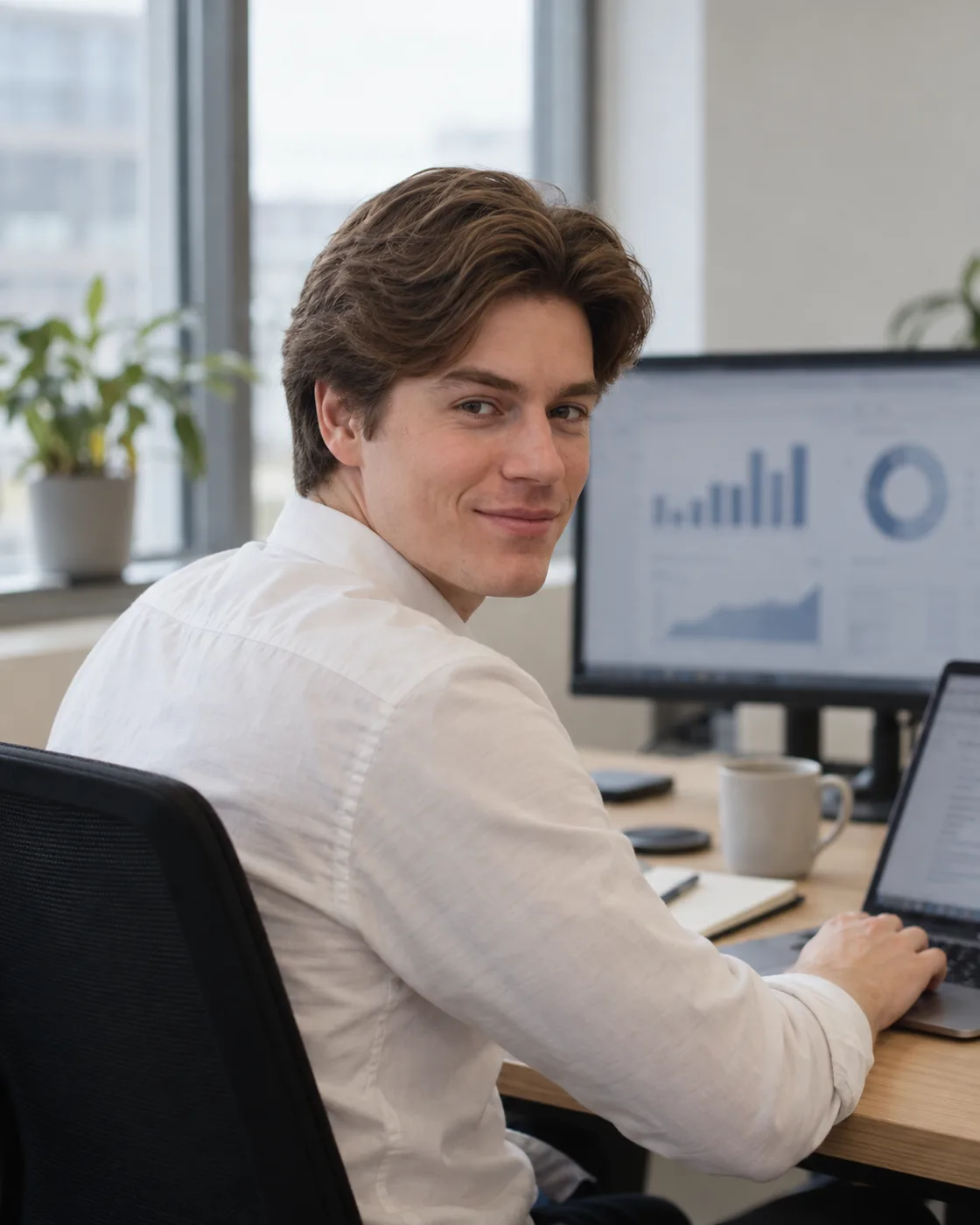Sjoerd Oude Tanke at his desk with a laptop and a monitor, turned towards the camera with a smile